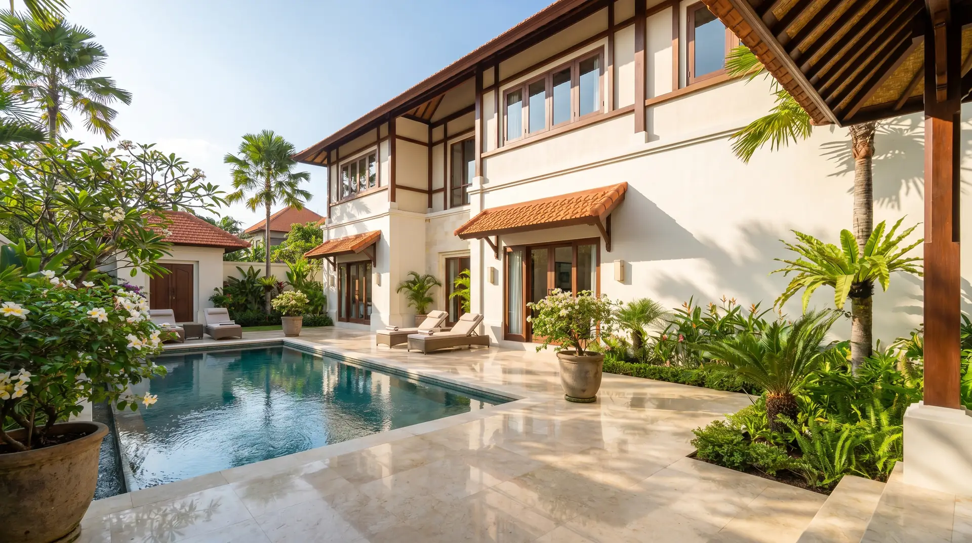 Newly renovated luxury Bali villa with open living space and pool at golden hour