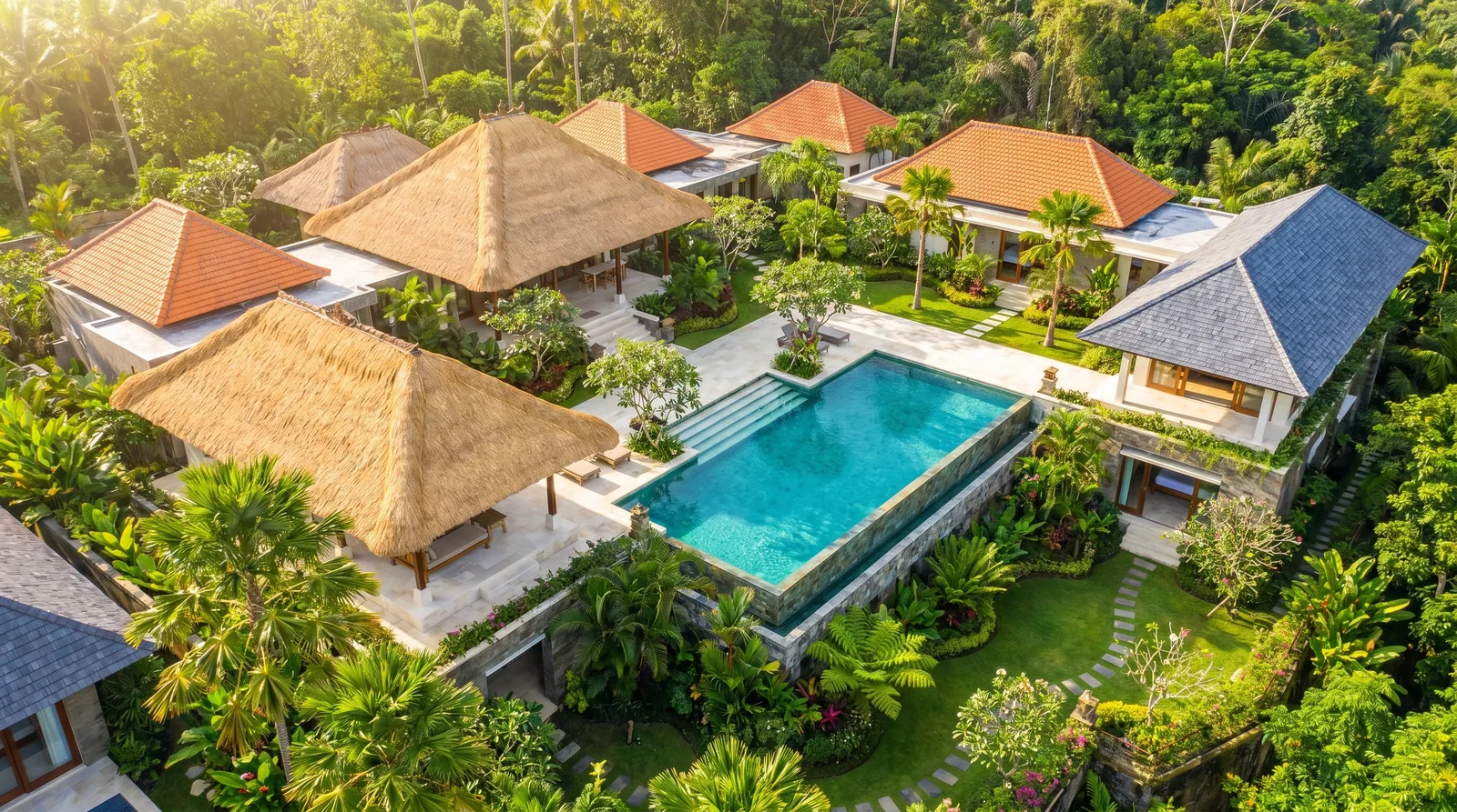 Renovated tropical villa estate in Bali with pool, terrace and lush garden